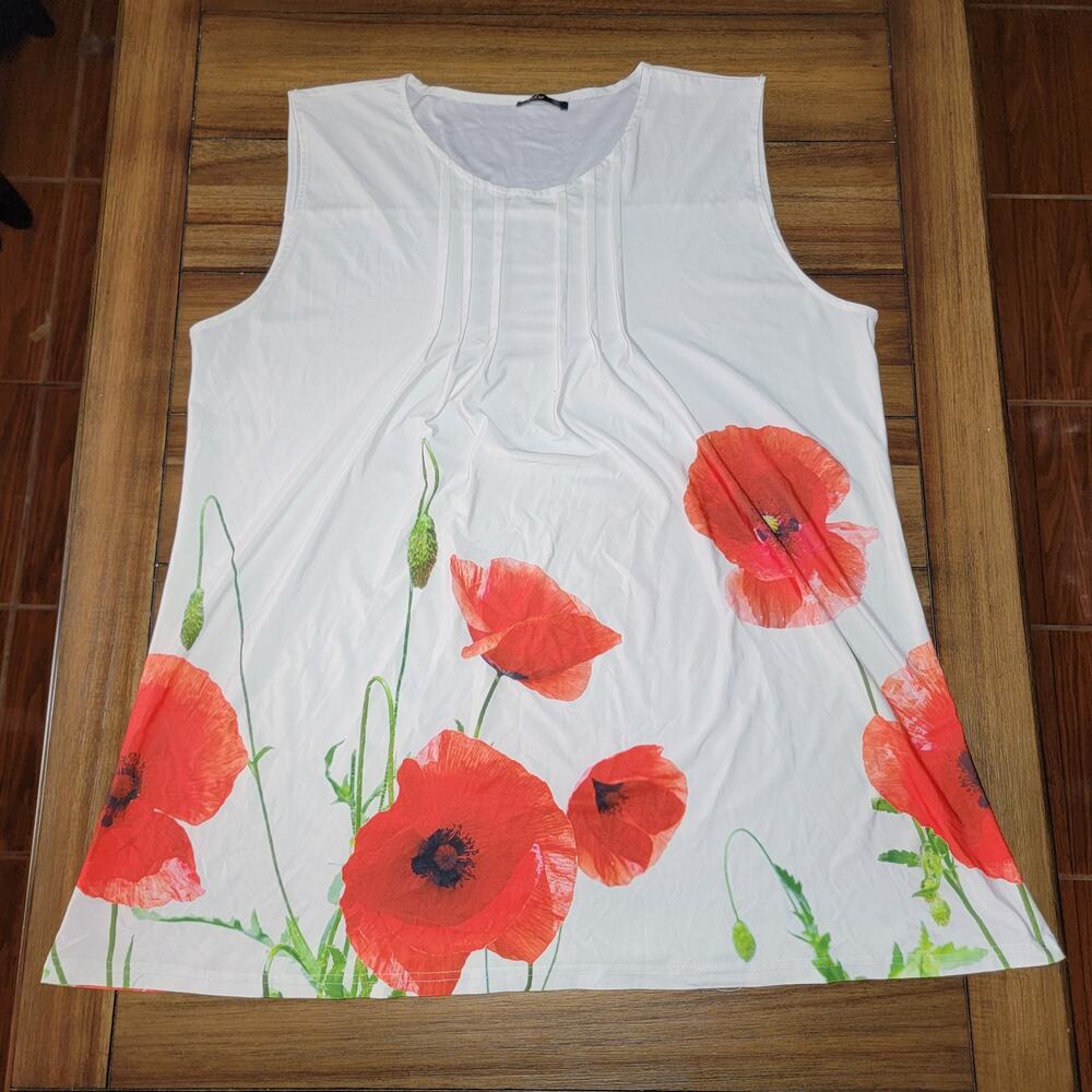 Lily White w/ Orange Flowers Sleeveless Blouse - Size 2XL